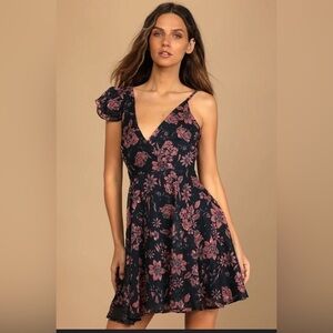 Cherish Every Moment Navy Blue Floral Print Tie-Back Dress